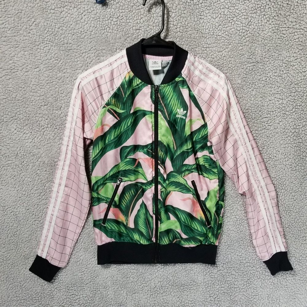 Adidas x Farm Rio‎ Sz XS Pink Palm Tropical Leaf Pattern Track Jacket Full Zip